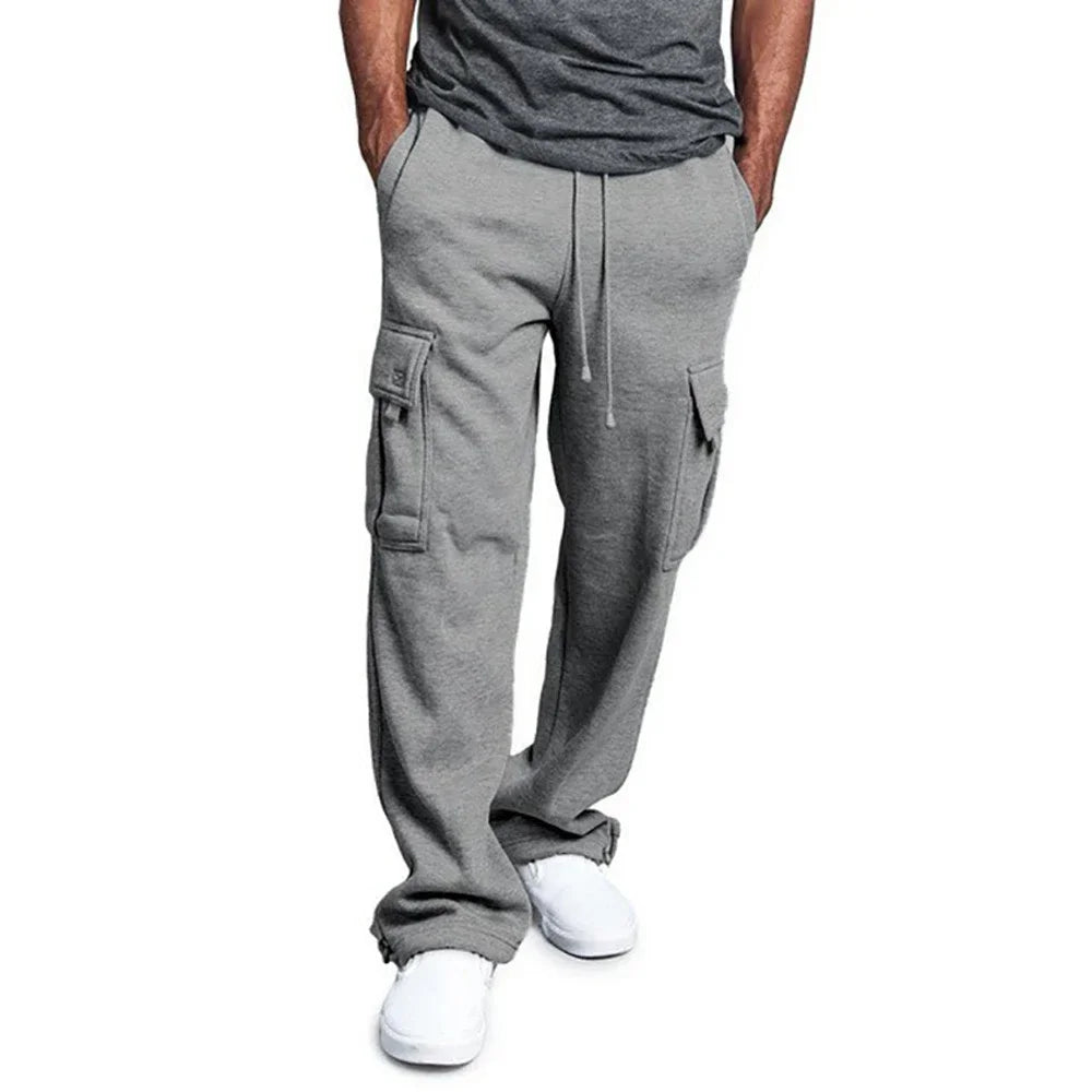 Men's Fleece Cargo Pants Loose Drawstring Sweatpants with Pockets Sports Straight Trousers Jogging Long Pants Hip Hop Streetwear