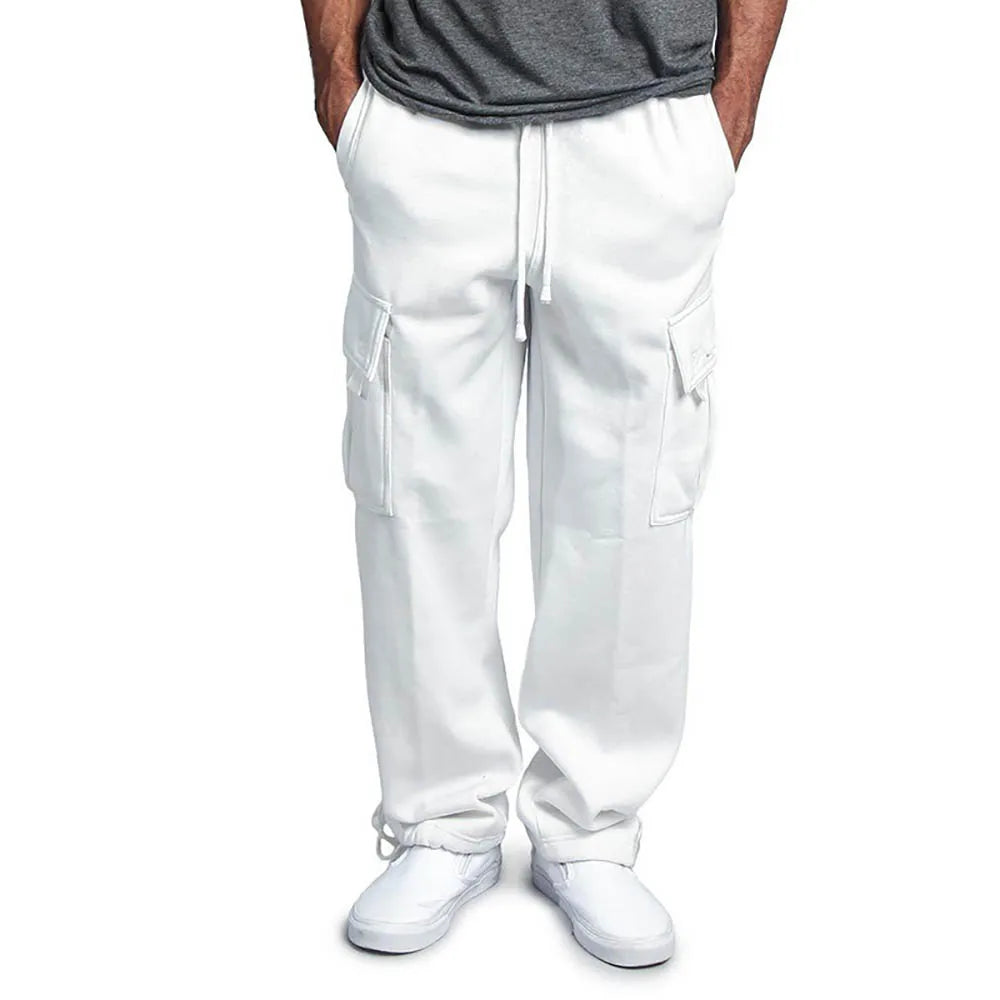 Men's Fleece Cargo Pants Loose Drawstring Sweatpants with Pockets Sports Straight Trousers Jogging Long Pants Hip Hop Streetwear