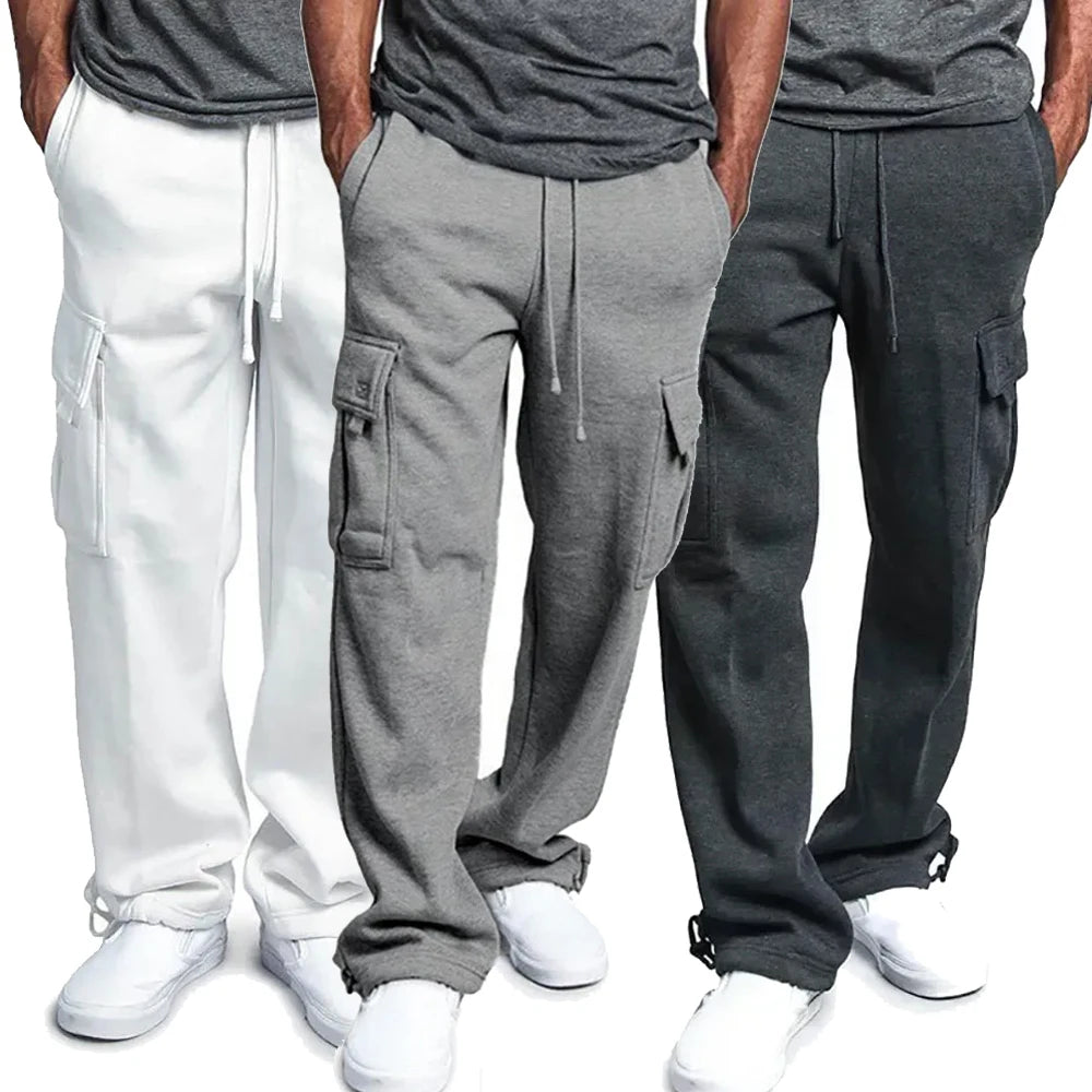 Men's Fleece Cargo Pants Loose Drawstring Sweatpants with Pockets Sports Straight Trousers Jogging Long Pants Hip Hop Streetwear